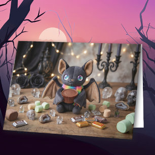 Tarjeta Feliz Halloween   Murciélago de peluche coqueto 