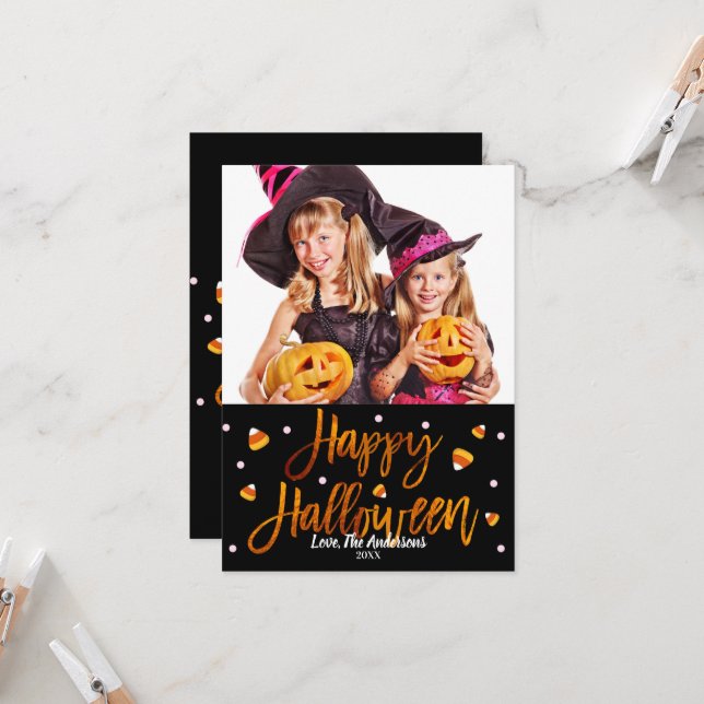 Tarjeta Feliz Halloween Naranja Moderno Script Foto Hoja (Anverso/Reverso In Situ)