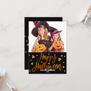 Tarjeta Feliz Halloween Naranja Moderno Script Foto Hoja