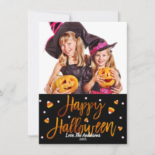 Tarjeta Feliz Halloween Naranja Moderno Script Foto Hoja