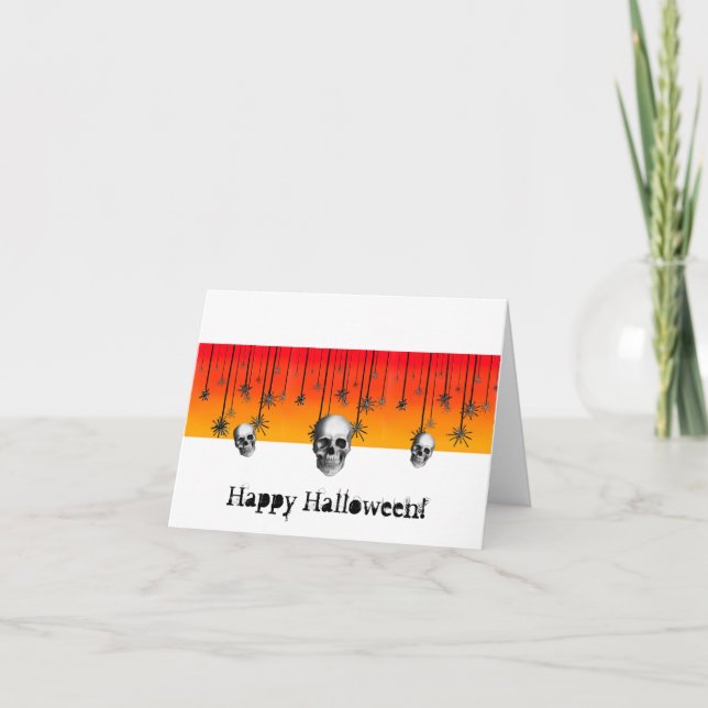 Tarjeta Feliz Halloween naranja negro con calaveras (Anverso)