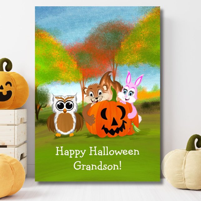 Tarjeta Feliz Halloween Nieto Ardilla, Conejo y Búho (Subido por el creador)