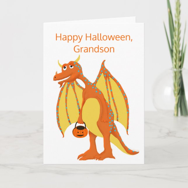Tarjeta Feliz Halloween, nieto, dragón Naranja amistoso (Anverso)