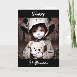 Tarjeta Feliz Halloween | Niño asustado con oso de peluche