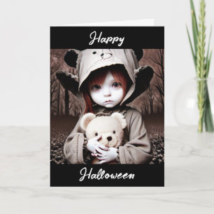 Tarjeta Feliz Halloween   Niño asustado con oso de peluche