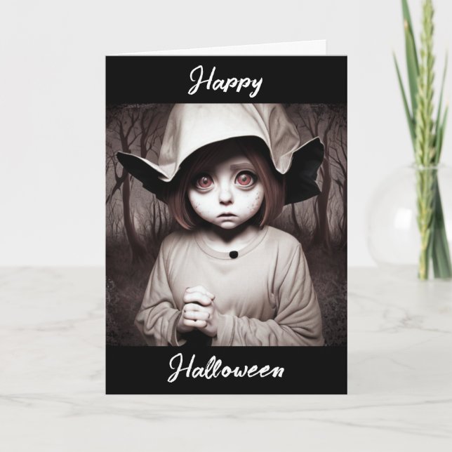 Tarjeta Feliz Halloween | Niño asustado con traje raro (Anverso)