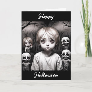 Tarjeta Feliz Halloween Niño espeluznante con oso de pel