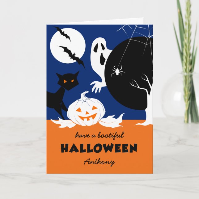 Tarjeta Feliz Halloween. Nombre personalizado Halloween (Anverso)