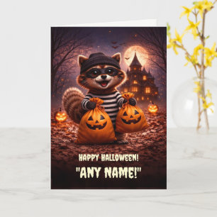 Tarjeta Feliz Halloween Nombre Personalizado Mapache Lindo