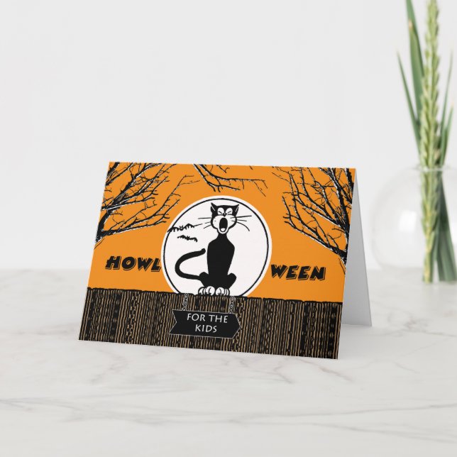 Tarjeta Feliz Halloween para los niños, gato aterrador (Anverso)
