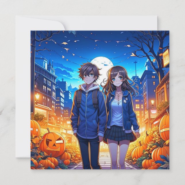 Tarjeta Feliz Halloween | Pareja Anime sosteniendo manos (Anverso)