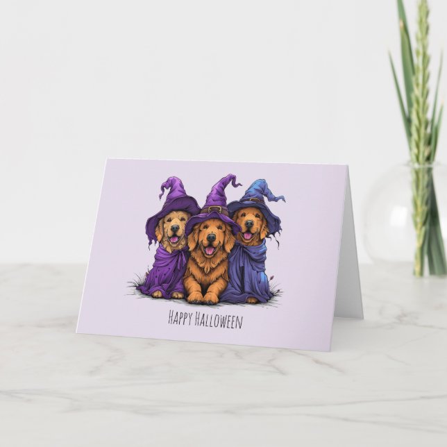 Tarjeta Feliz Halloween Perros Retriever Dorado Brujas (Anverso)