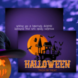 Tarjeta Feliz Halloween Scary Castle Bats and Moon