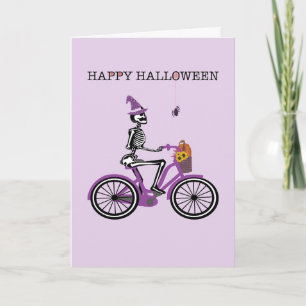 Tarjeta Feliz Halloween Skeleton Riding Bike