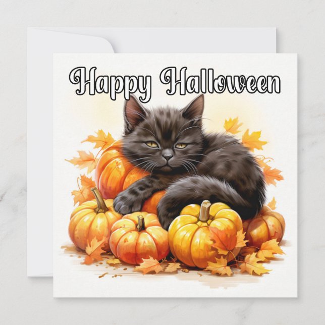 Tarjeta Feliz Halloween Sleepy Black Kitty Cat (Anverso)