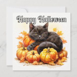 Tarjeta Feliz Halloween Sleepy Black Kitty Cat