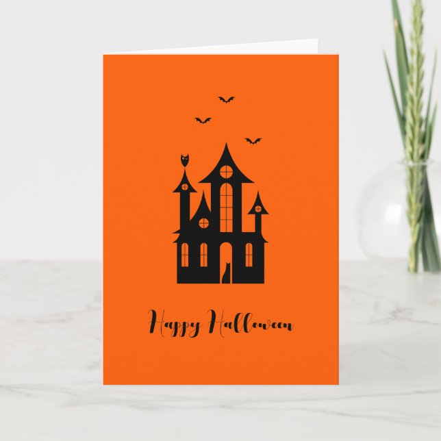 Tarjeta Feliz Halloween Spooky atormentado Naranja negro (Anverso)