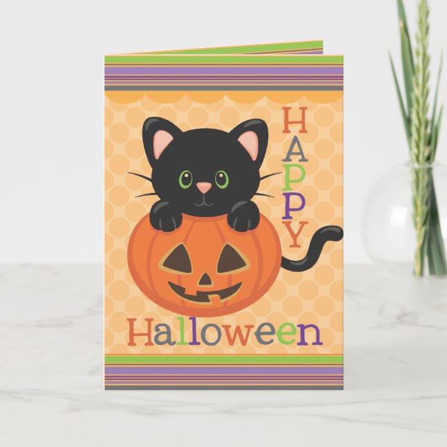 Tarjeta Feliz Halloween un gato lindo Jack o' Lantern (Anverso)