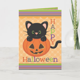 Tarjeta Feliz Halloween un gato lindo Jack o' Lantern