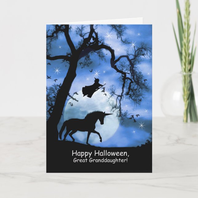 Tarjeta Feliz Halloween Unicornio, gran nieta bruja (Anverso)