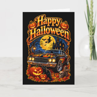 Tarjeta Feliz Halloween Vintage Clásico Coche Musculoso US