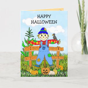 Tarjeta Feliz Halloween Whimsical Scarecrow y calabazas