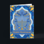 Tarjeta Feliz Hanukkah<br><div class="desc">Una hermosa y elegante tarjeta de felicitación para desearle un Hanukkah feliz a alguien. Tarjeta perfecta para la celebración del festival judío de las luces. Luminoso en colores con una menorah delante rodeada de aceitunas y ramas, marcos coloridos y las estrellas de David sobre un fondo azul real y flores...</div>