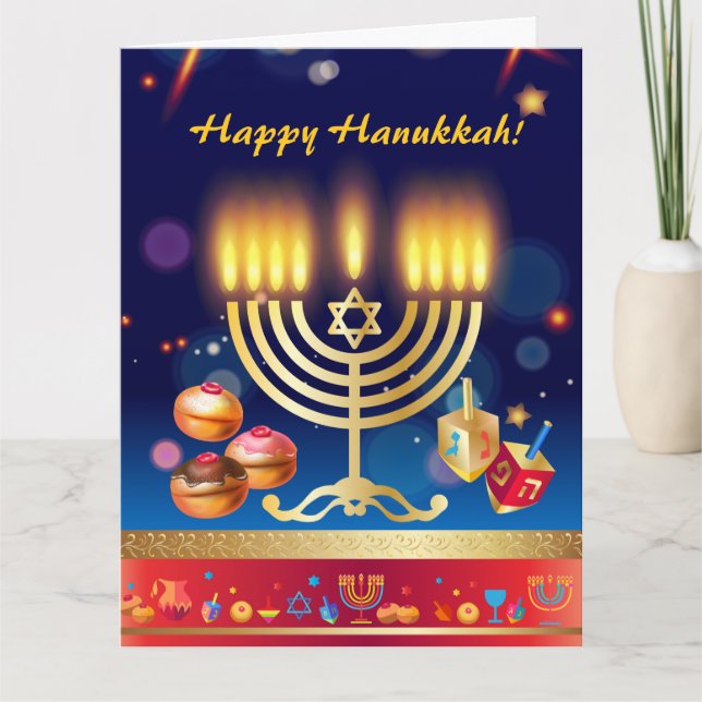 Tarjeta Feliz Hanukkah ilumina oro de feriado judío (Anverso)