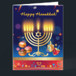 Tarjeta Feliz Hanukkah ilumina oro de feriado judío<br><div class="desc">Feliz Hanukkah Hermosa tarjeta de felicitación de feriado judío. Fondo de Hanukkah de vacaciones judías con símbolos tradicionales de Chanukah - Menorah de oro, candelabro y velas de Hanukkiah, dreidels de madera (hilatura superior), donuts, estrella de David y motivos de papel tapiz de luces brillantes. Decoración del Festival Hanukkah. Jerusalén,...</div>