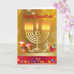 Tarjeta Feliz Hanukkah ilumina oro de feriado judío<br><div class="desc">Feliz Hanukkah Hermosa tarjeta de felicitación de feriado judío. Fondo de Hanukkah de vacaciones judías con símbolos tradicionales de Chanukah - Menorah de oro, candelabro y velas de Hanukkiah, dreidels de madera (hilatura superior), donuts, estrella de David y motivos de papel tapiz de luces brillantes. Decoración del Festival Hanukkah. Jerusalén,...</div>