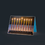 Tarjeta Feliz Hanukkah Menorah Miracle Card<br><div class="desc">Esta tarjeta Hanukkah para el Festival de las Luces presenta una foto original de una menorah con 8 velas encendidas en la parte delantera,  un saludo de personalizable en el interior y la oración escrita fonéticamente en la parte trasera.</div>