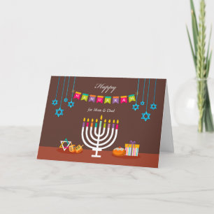 Tarjeta Feliz Hanukkah para mamá y papá, colorida Menorah
