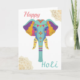 Tarjeta Feliz Holi, colorido elefante con Mandala dorada