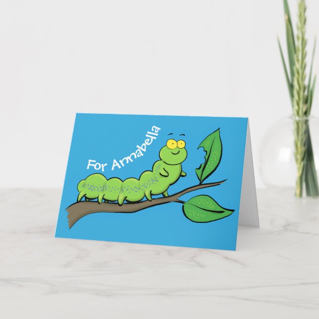 Tarjeta Feliz ilustracion personalizado de oruga verde (Anverso)
