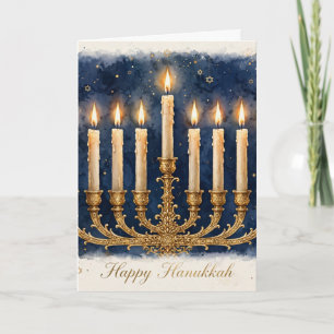 Tarjeta Feliz Janucá — Menorá acuarela azul oro