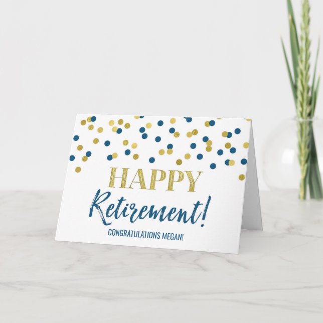 Tarjeta Feliz Jubilación Felicitaciones Blue Gold Dots (Anverso)