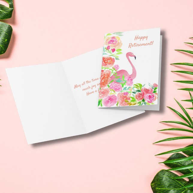 Tarjeta Feliz jubilación Flamingo acuarela con flores (Flamingo Retirement Card: Celebrate their next chapter with colorful joy and grace.)