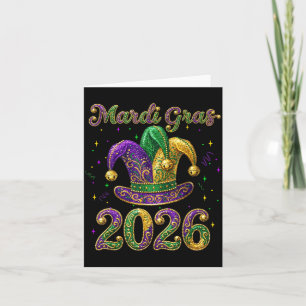 Tarjeta Feliz Mardi Gras 2026 Sombrero de Bufón Nueva Orle