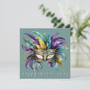 Tarjeta Feliz Mardi Gras Feathered Máscara en Verde