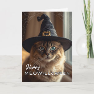 Tarjeta Feliz Meow-lloween con Gato Bruja de Halloween