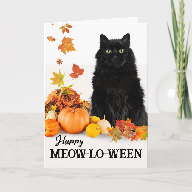 Tarjeta Feliz Meow-lo-ween con un gato negro de Halloween (Anverso)