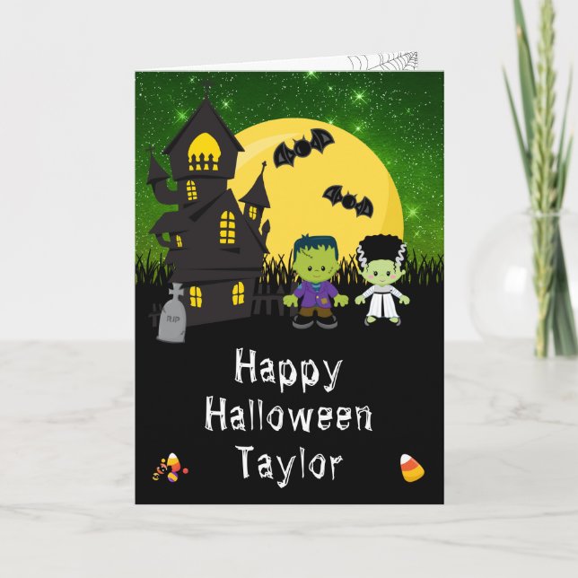 Tarjeta Feliz Monstruos de Halloween Green (Anverso)