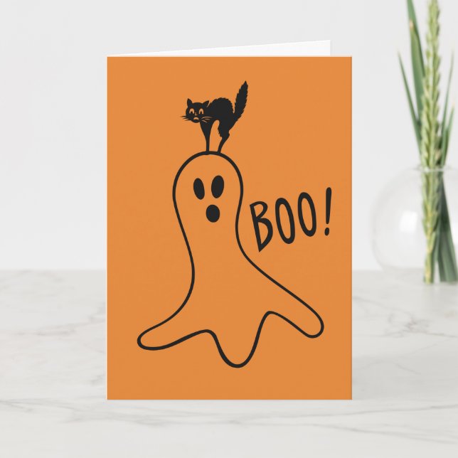 Tarjeta Feliz Naranja de felino negro fantasma de Hallowee (Anverso)