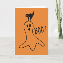 Tarjeta Feliz Naranja de felino negro fantasma de Hallowee