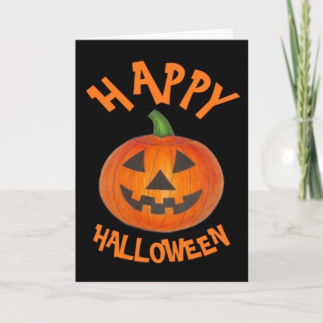 Tarjeta Feliz Naranja de Halloween Calabaza Jack o' Lanter (Anverso)