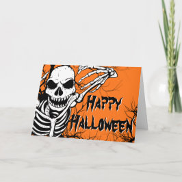 Tarjeta Feliz Naranja del esqueleto de Halloween negro fan
