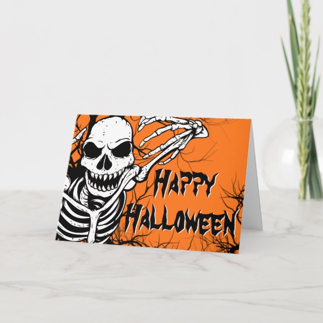 Tarjeta Feliz Naranja del esqueleto de Halloween negro fan (Anverso)