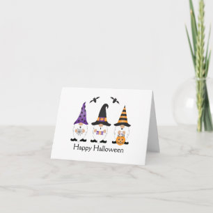 Tarjeta Feliz Naranja púrpura de Halloween Gnomes