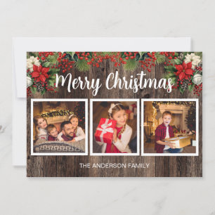 Tarjeta Feliz Navidad 3 Foto Madera Rústica Poinsettia Roj