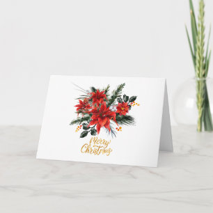 Tarjeta Feliz Navidad Acuarela Flor de Nochebuena Roja 